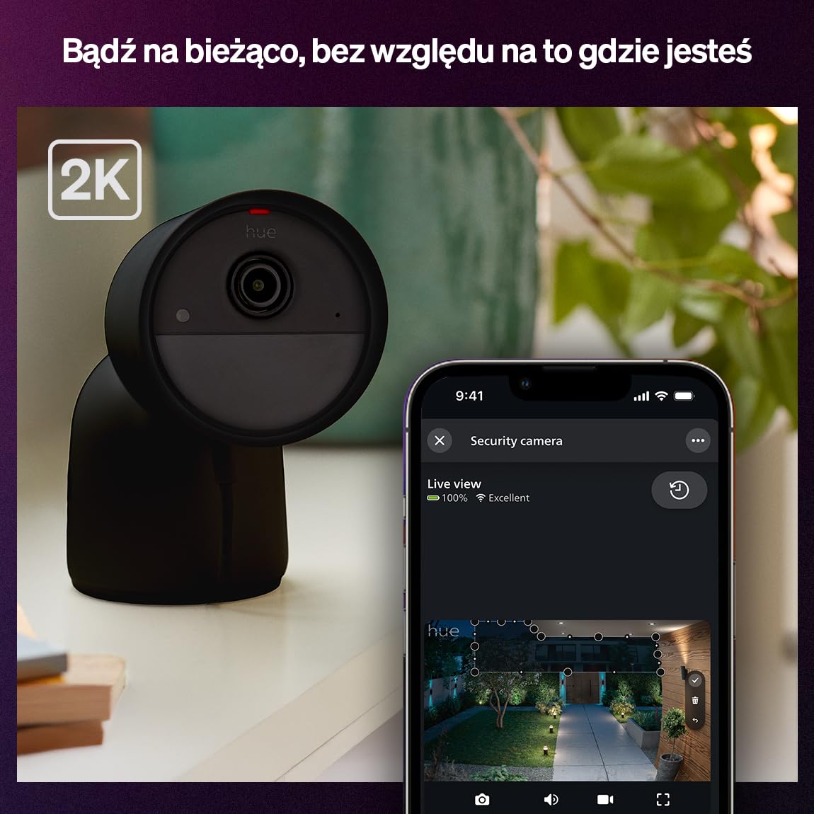 Kamera biurkowa Philips Hue Secure, rozdzielczość 2K, powiadomienia o ruchu, dwukierunkowe połączenie audio, płynna integracja z oświetleniem Philips Hue, w zestawie z podstawką, czarna