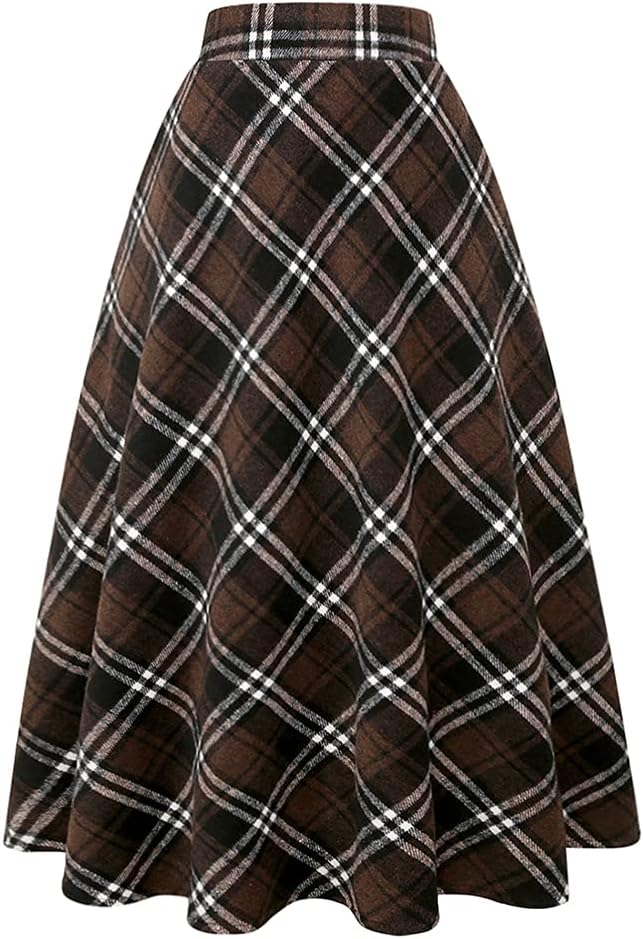 IDEALSANXUN Womens Plaid Wool Skirts Elastic Waist A-Line Pleated Tartan Long Skirts