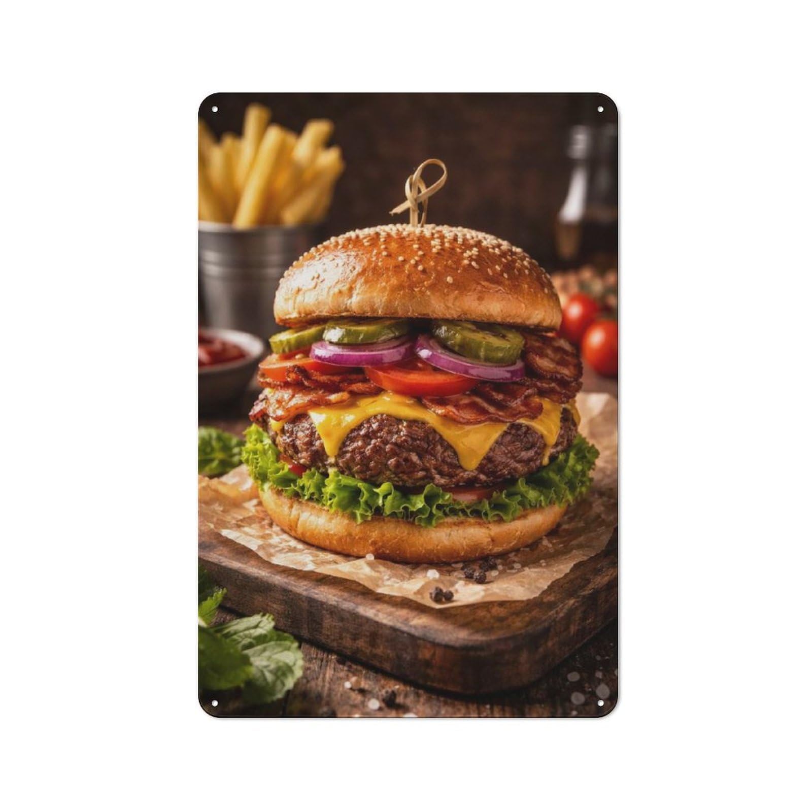 Tin Wall Plaque 30x20cm with Gourmet Bacon Cheeseburger with Fries for Workshop Wall, Housewarming Wall Decor for People Furnishing Workshop