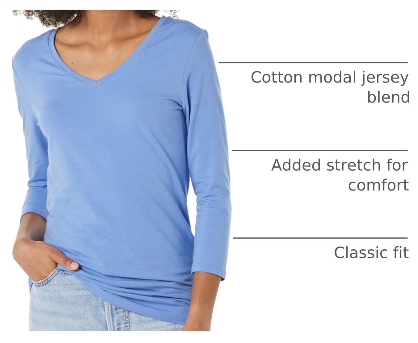 Amazon Essentials Women's Regular-Fit 3/4 Sleeve V-Neck Cotton Modal T-Shirt (Available in Plus Size) image 5