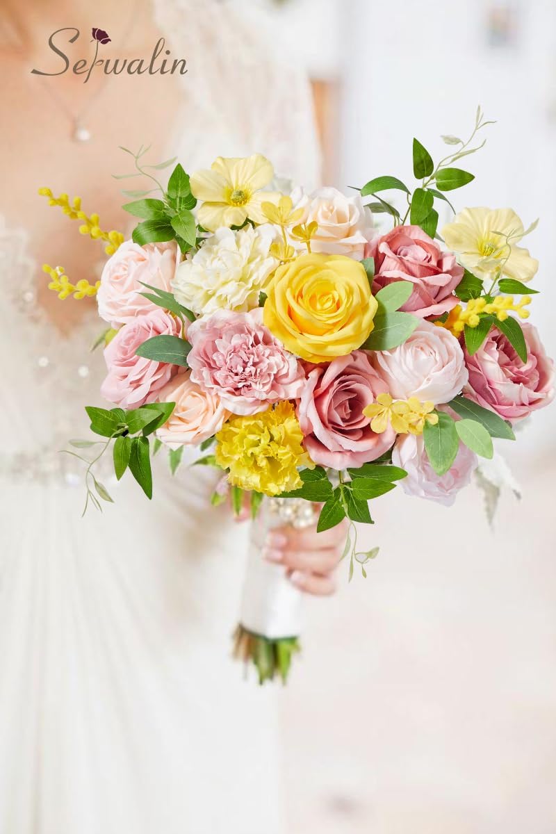Serwalin Artificial Flowers,Pink Yellow Silk Fake Flowers Box for DIY Wedding Bridal Bouquet, Wedding Cake Flowers for Table Centerpieces Birthday Party Bridal Shower Home Decorations - Image 5
