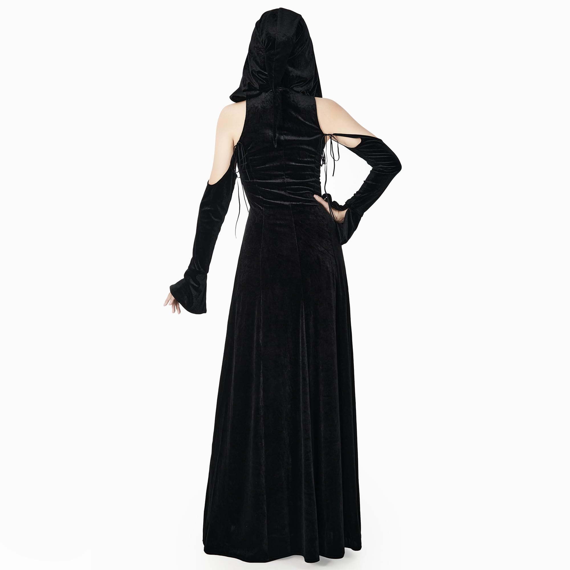 MEOWCOS Women Gothic Dress Wicked Witch Halloween Dress Split Off-Shoulder Hooded Dress Casual Party Dress