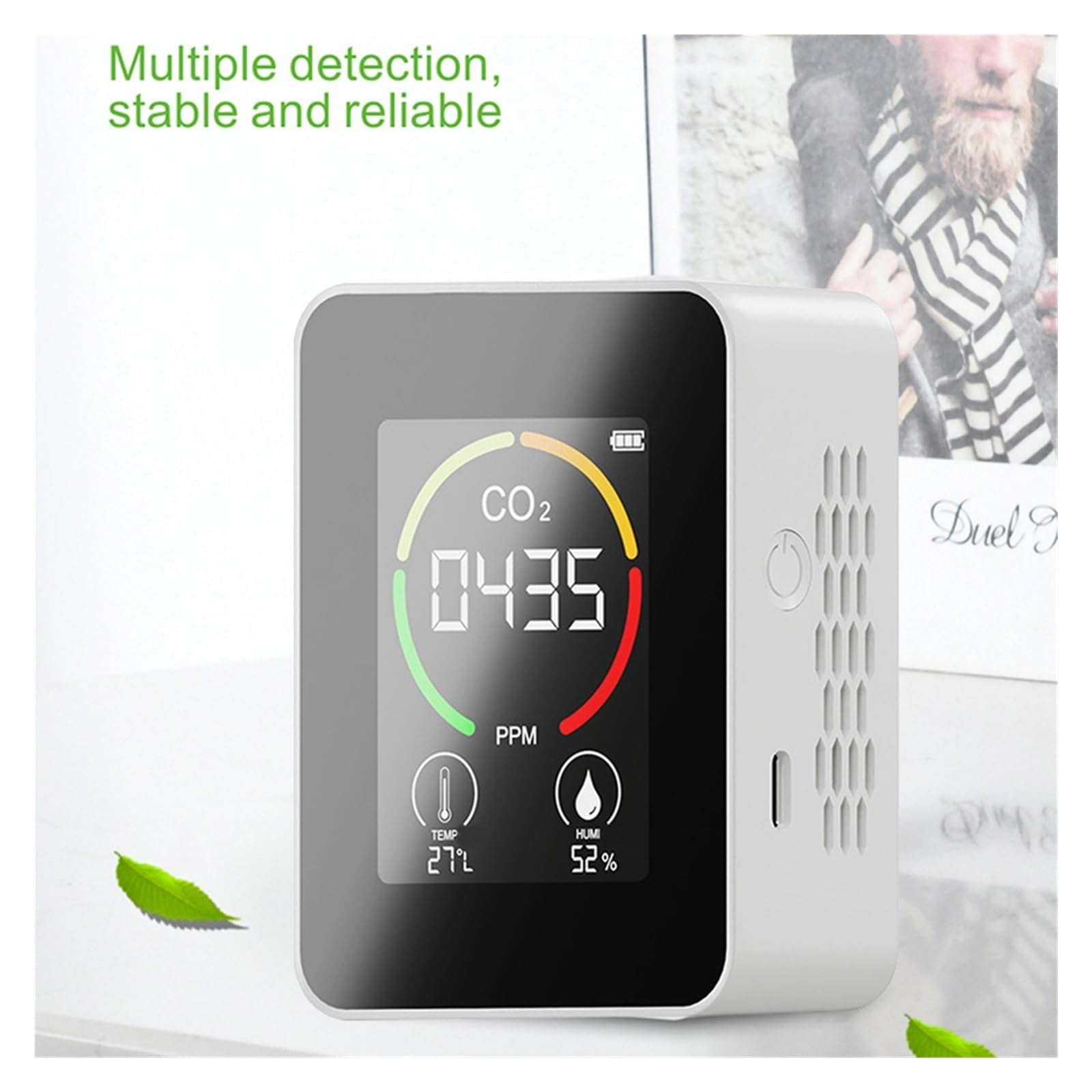 Monitor portatile della qualità dell'aria Tester di umidità temperatura Rilevatore CO2 Aule Ristoranti Per cucina e camper(White 3 in 1)
