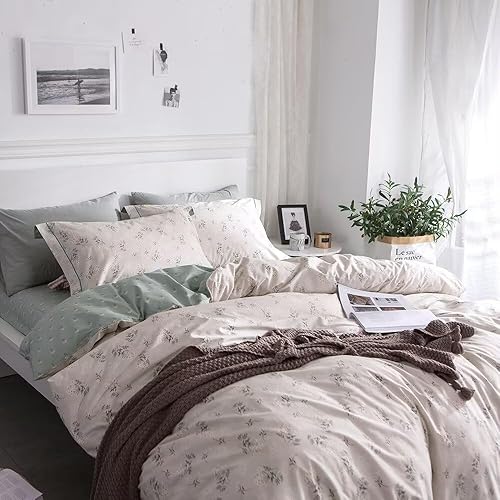 Miniatura 5 de VClife Juego de funda de edredón de algodón beige, tamaño individual XL, juego de ropa de cama bohemio verde salvia con ramas florales, funda de