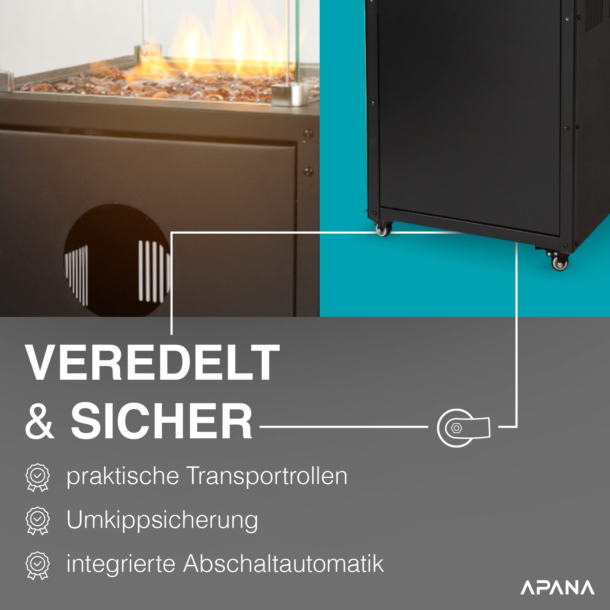 APANA Gas Heizstrahler FUEGO 8kW – Terrassenfeuer mit Sichtfenster & Rollen – Heizpilz für Garten, Balkon & Terrasse – inkl. Abdeckhaube, Umkippsicherung & Abschaltautomatik – anthrazit