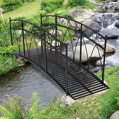 Kinsunny 8 Ft Metal Garden Bridge with Safety Patterned Siderails, Outdoor Decorative Extra Long Iron Garden Arch Bridge Footbridge for Pond, Creek, Stream (Black)