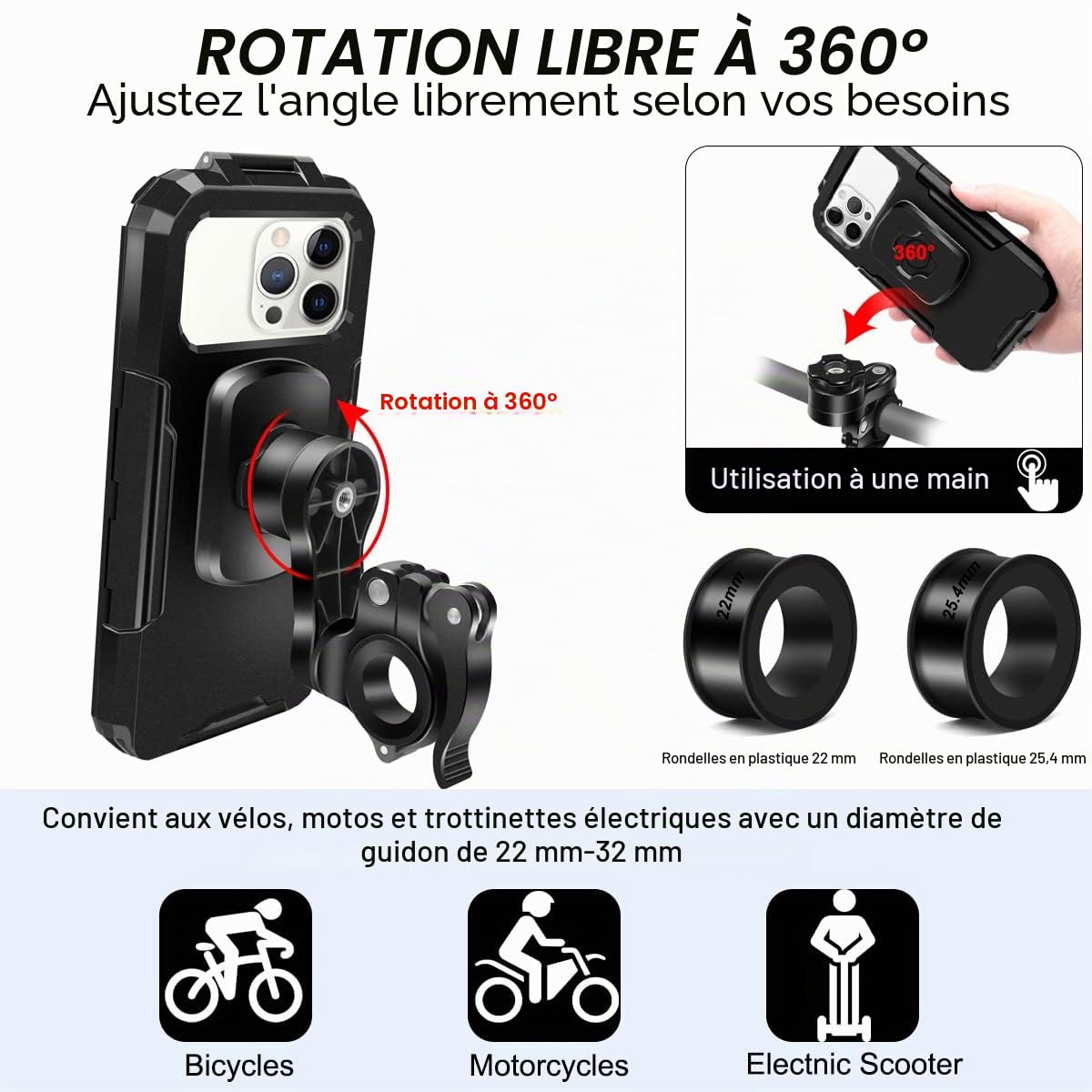 REETEE Support Telephone Velo Moto Etanche, Universel Ecran Tactile Support Smartphone Vélo 360°Rotation Anti-Vibrations Support Guidon Housse de Téléphone pour 4,7-6,8 Pouces Smartphones (Noir,L)