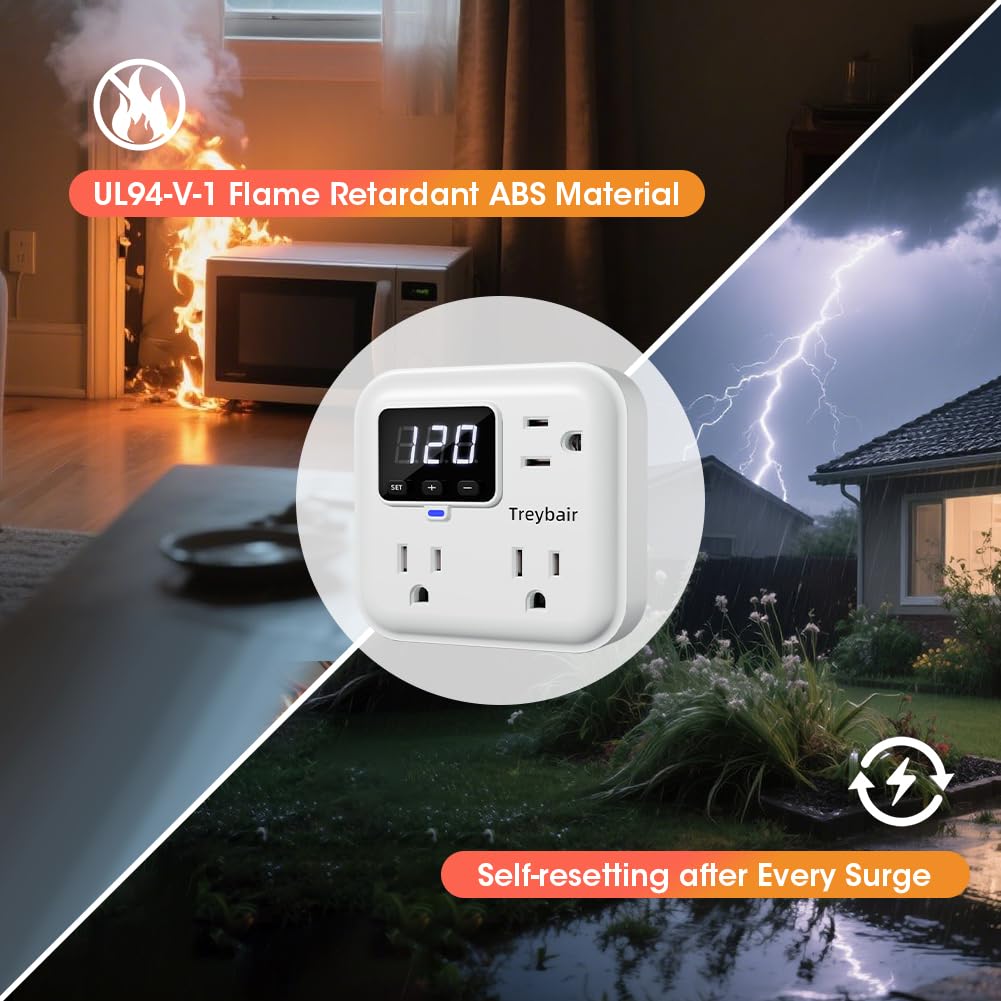 Protector de sobretensiones de 3 salidas con estabilizador de voltaje, protectores de sobretensiones de alimentación de 80 V-140 V para refrigerador, TV, computadora | visualización LED, ignífuga