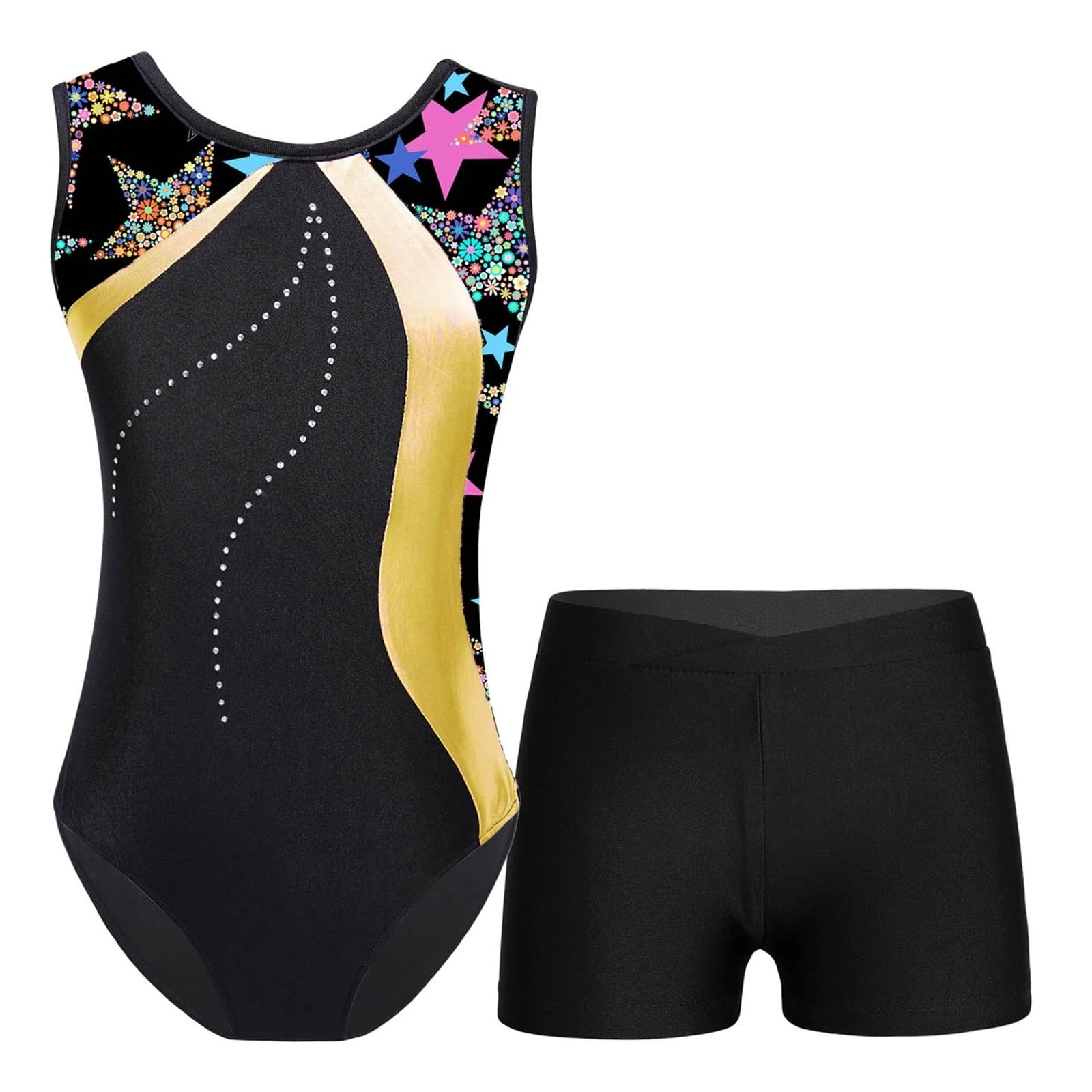 Mädchen Turnanzug Mädchen Ballettanzug Gymnastikanzug mit Shorts Tanzkleidung Ärmellos Strasssteine ​​Eiskunstlaufanzug(A-Yellow,14)