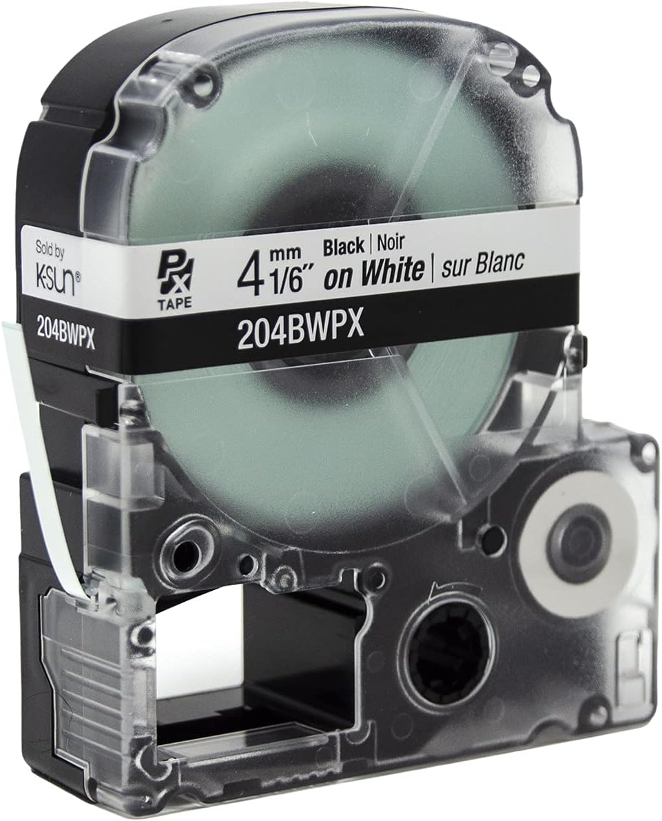 Epson LABELWORKS 204BWPX Genuine PET (Polyester) Tape Cartridge- Black on White Label Maker Tape - 1/6" (4MM) Wide, 30'