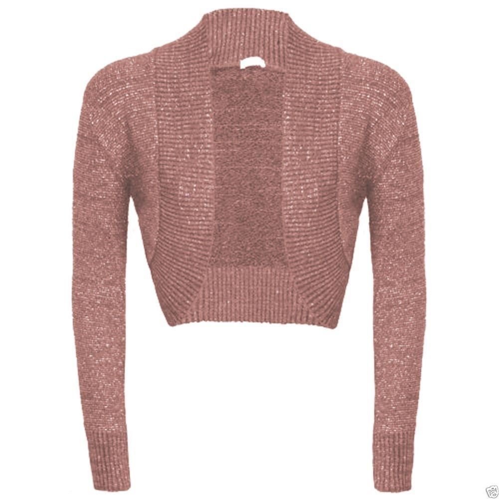 Women's Mocha New Long Sleeve Shiny Knitted Metallic Lurex Shrug Bolero Cardigan Top Size 8-44