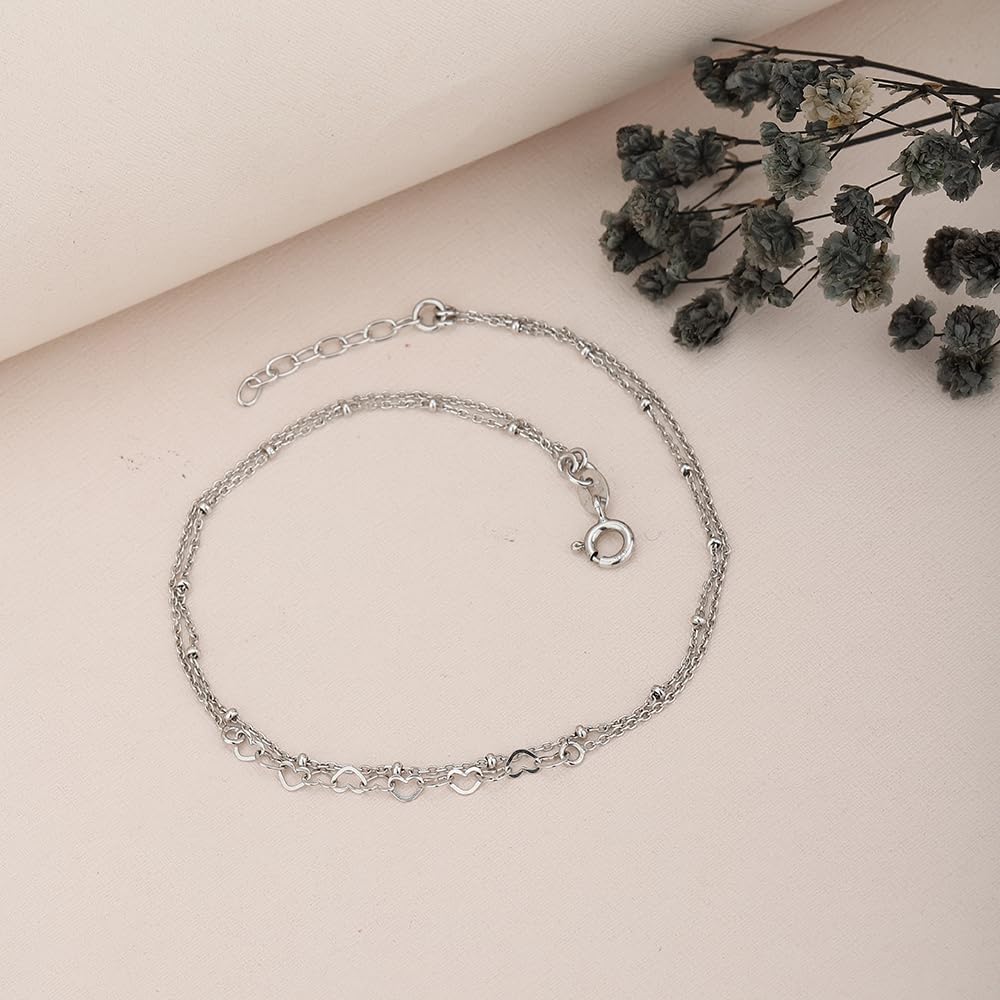 Vanbelle Sterling Silver Jewelry - Rhodium Plated with 925 Stamp - Interlinked Heart theme Anklet - handcrafted Double layered Chain Anklet for Women - 9" long + 1" extender