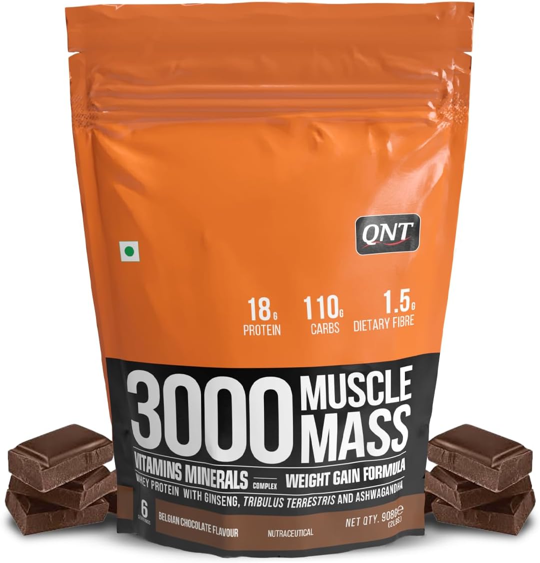 QNT 3000 Muscle Mass Weight Gainer | 18g Protein, 1.5g Creatine, 110g Carbs | 908g, Belgian Chocolate | Enriched with Ashwagandha, Ginseng & Tribulus | Supports Muscle Growth & Recovery