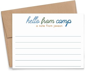 Boys Camp Personalized Stationery for Kids FLAT Note Cards, Cute Stationery for Boy Stationary with Envelopes Set, Personalized Note Cards for Kid, Your Choice of Colors and Quantity