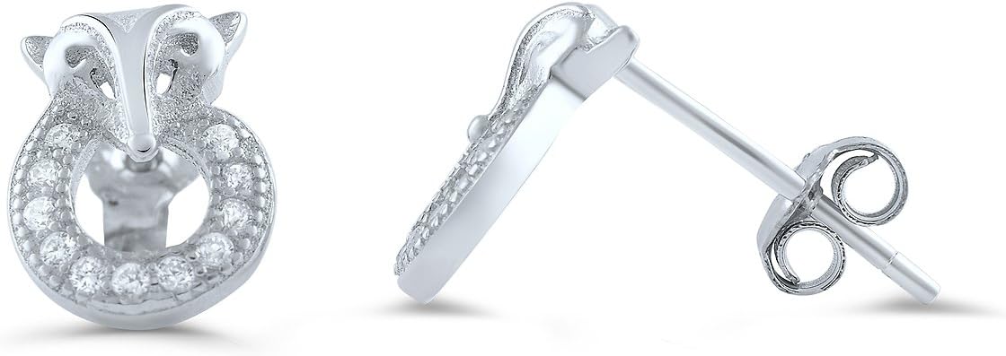 Rhodium Plated Sterling Silver Cubic Zirconia Fox Womens Earrings, Comes Gift Ready, Unique gifts for Women - 9mm