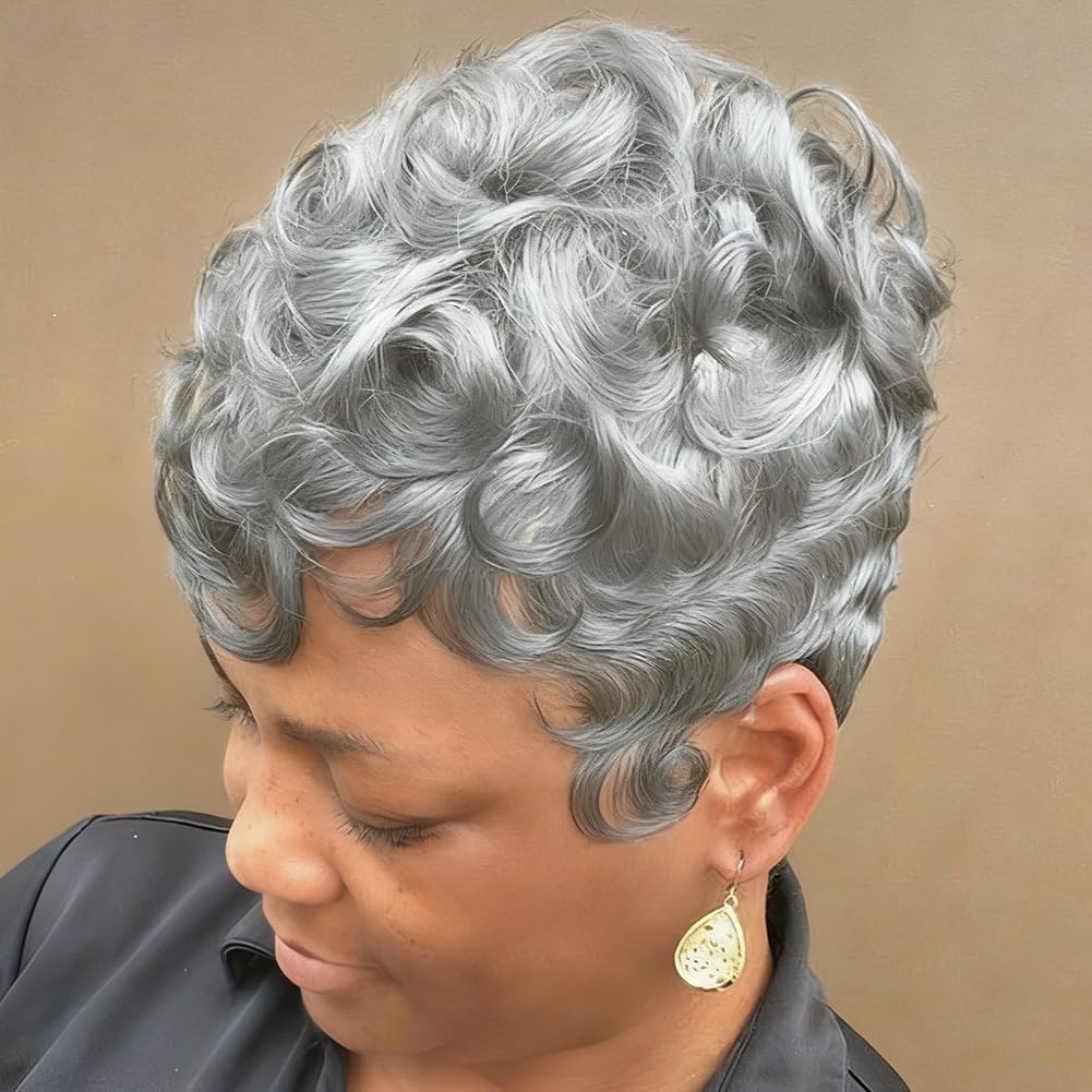 BingSing Grey Short Wigs for Black Women Grey Pixie Cut Wigs Curly Pepper Pixie Wig for old Women Synthetic Silvery Short Cut Wigs