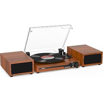 Udreamer Turntable with 2 Dual Stereo Speakers, Vintage Turntable Bluetooth 5.3 Supports 3 Speeds Aux-In, RCA Line, USB, Wire