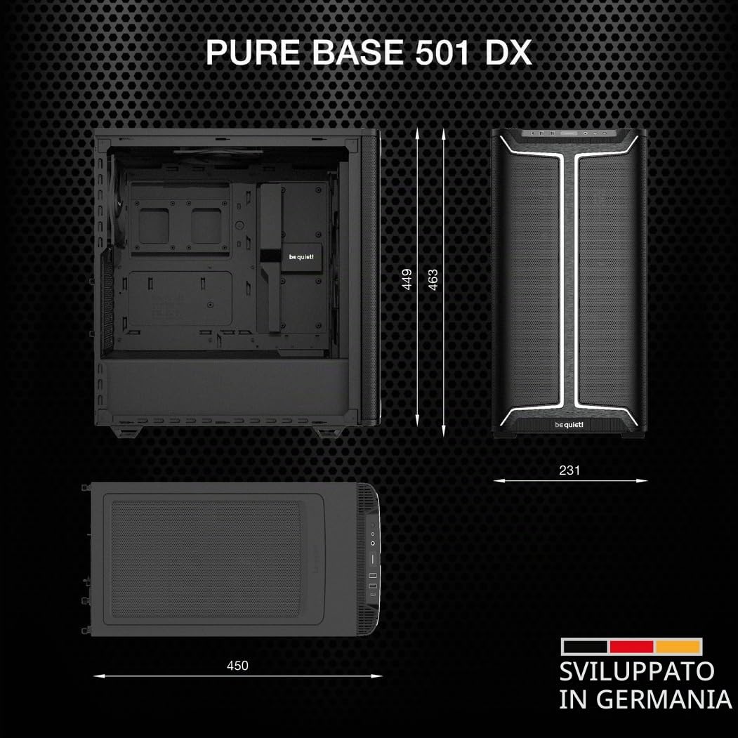 be quiet! Pure Base 501 DX Black case per PC, pannello frontale e superiore con elevato airflow, prestazioni elevate, 3 ventole Pure Wings 3 140mm PWM, straordinaria pressione statica, design dinamico