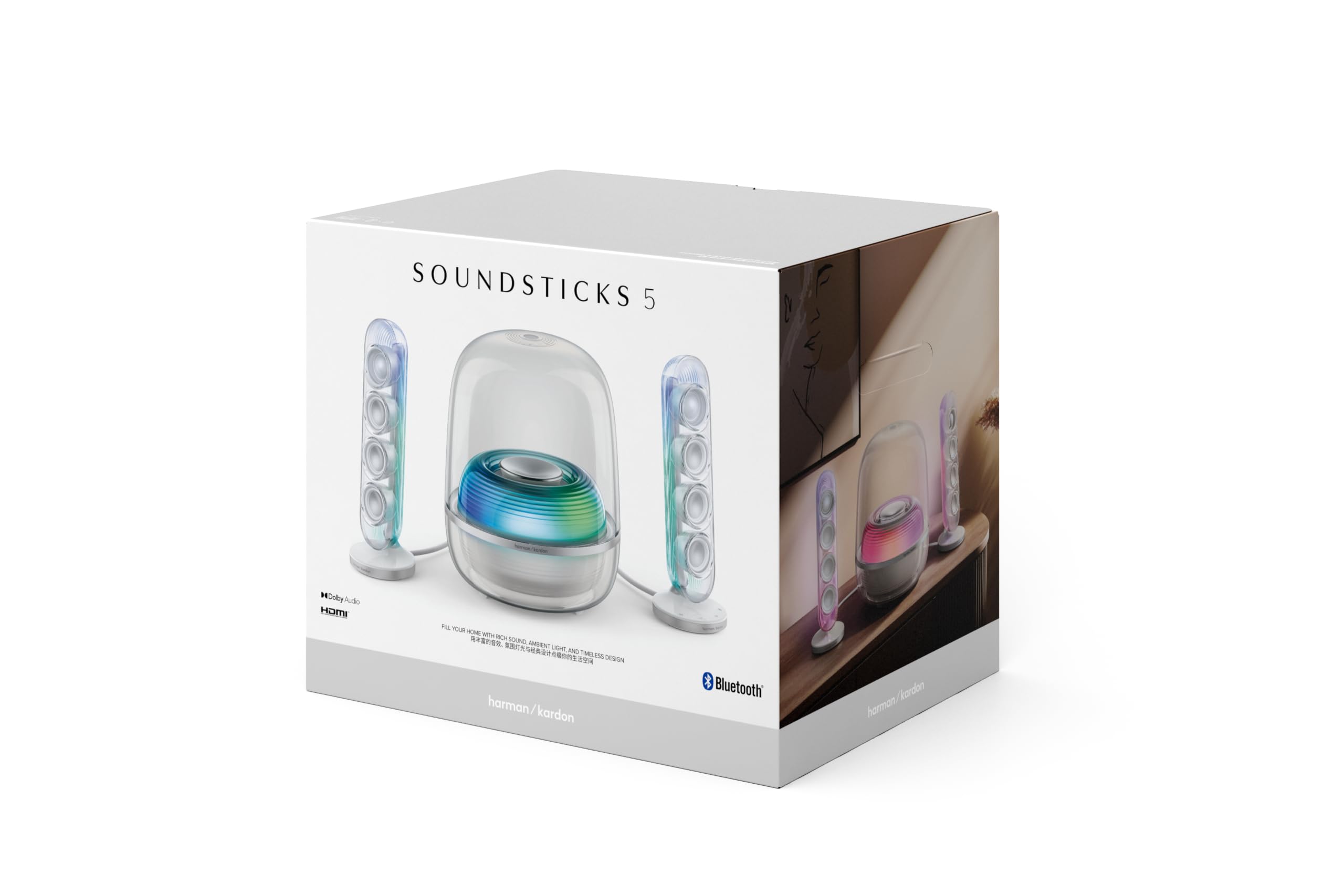 Harman Kardon SoundSticks 5 Altoparlante Bluetooth per la Casa, Design a 3 Vie, Connettività HDMI ARC a Cavo Singolo, Connessione Multi-Speaker con Auracast, Giochi di Luce e Colori, Bianco