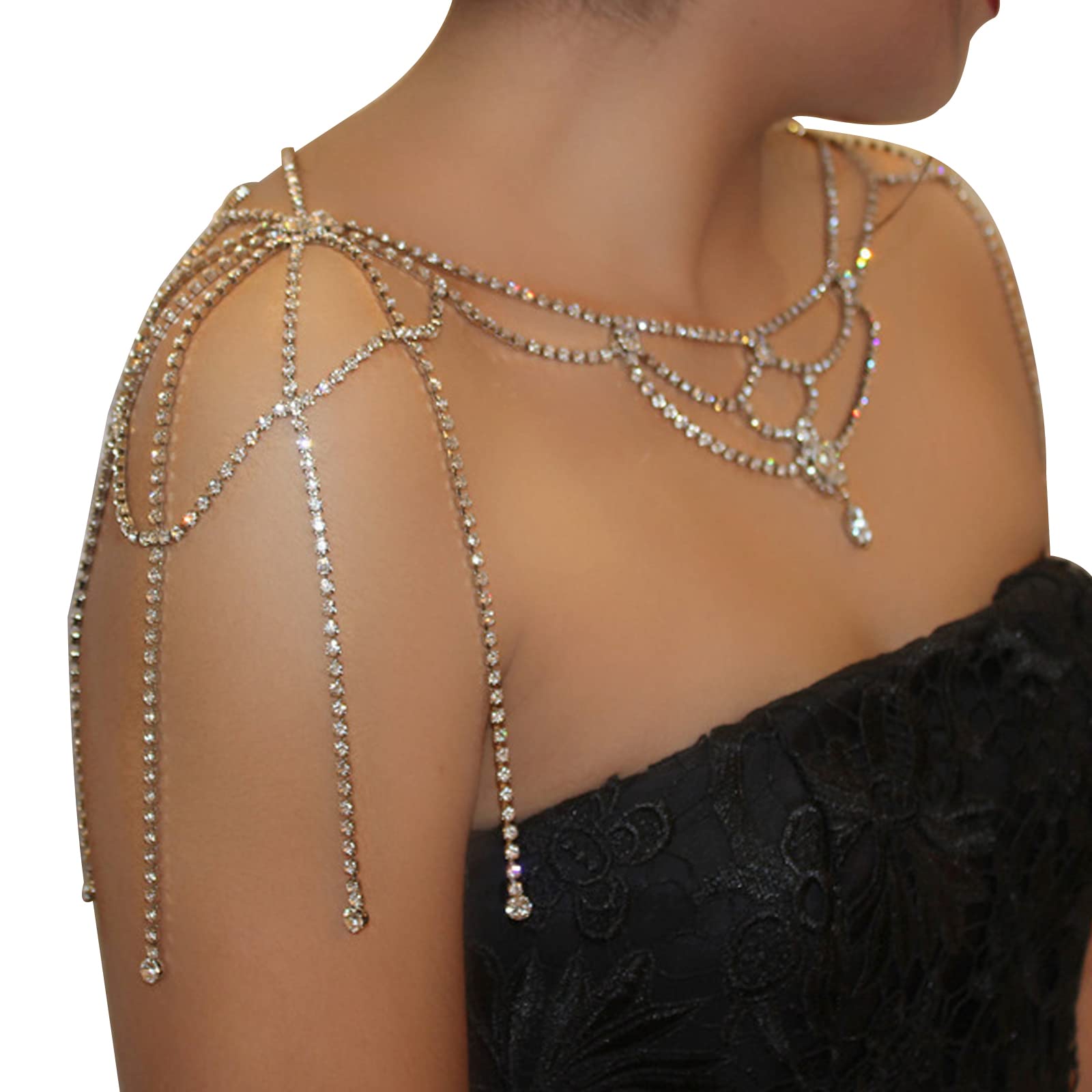 Rhinestone Tassel Wedding Backdrop Chain - Crystal Flower Shoulder Chain Necklace - Bridal Multi-Layered Body Chain Jewelry for Women