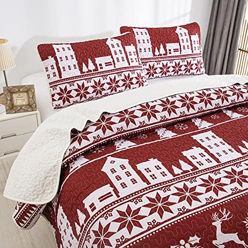 Christmas Bedspread King Size Red Theme Striped Quilted Bedspread Comforter Soft Microfiber Lightweight Coverlet for Christmas with 2 Pillowcases (3PCs 240x260cm)