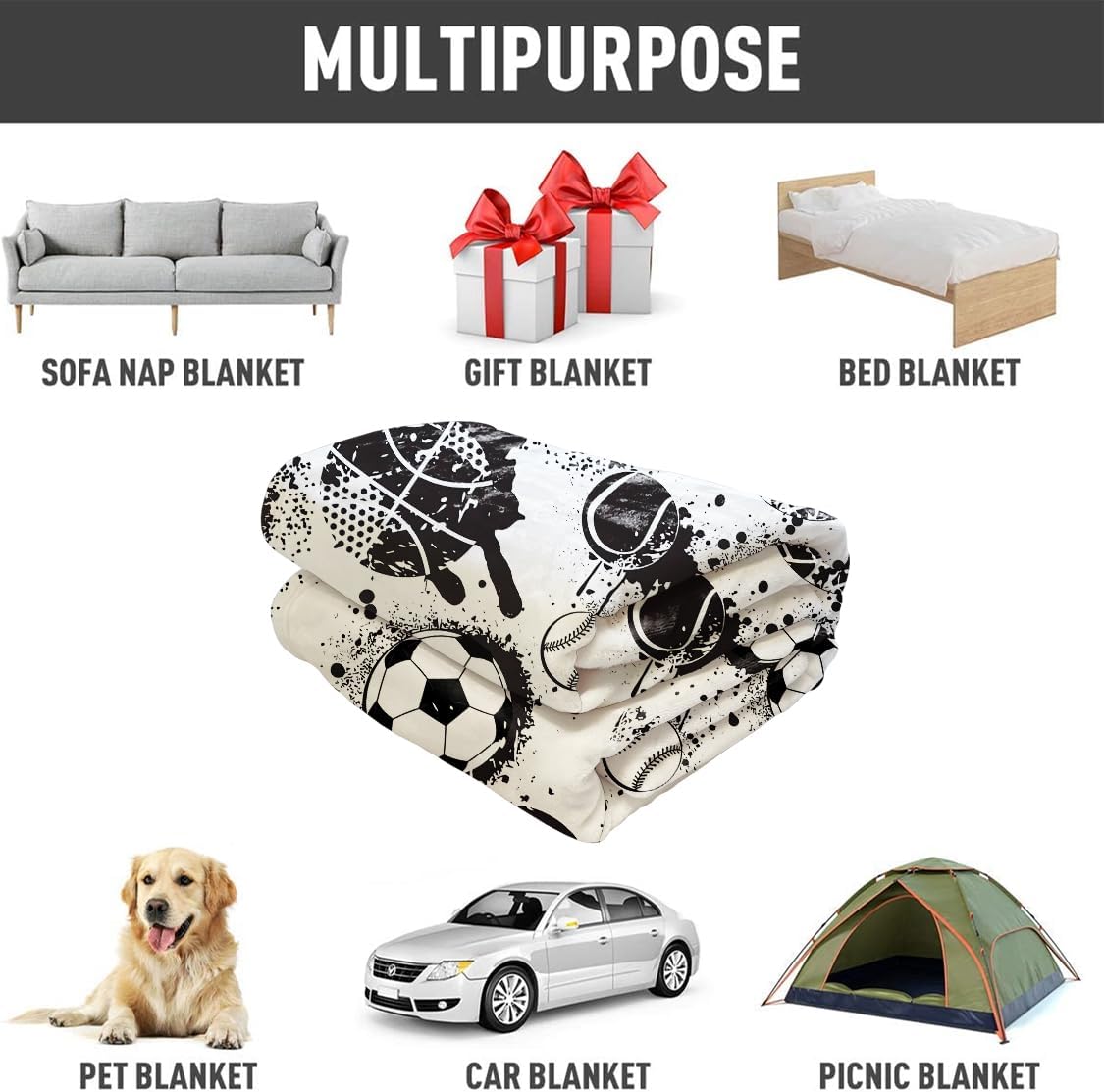YISUMEI Black and White Sports Balls Fleece Blanket Plush and Warm Basketball Soccer Baseball Throw for Sport Fans Kids Adults Gifts 50"x60"