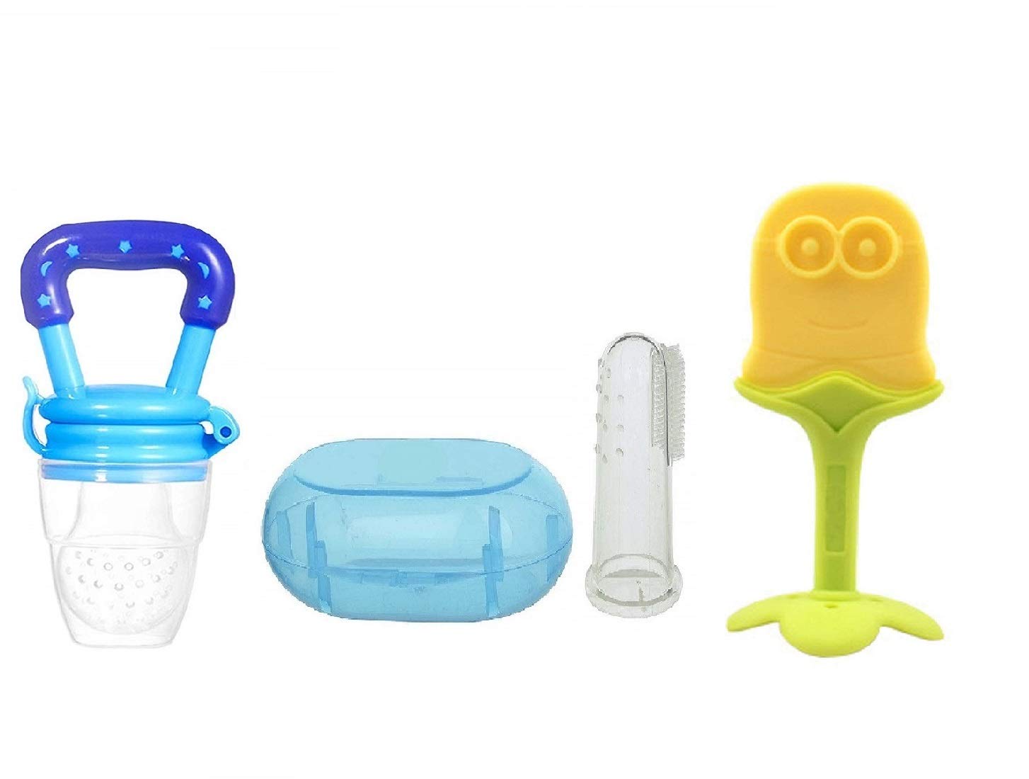 Gilli Shopee Baby Food Feeder/Fruit Nibbler & Fruit Shape Silicone Teether & Baby Silicone Finger Brush (Combo Save Pack of 3) (Blue)
