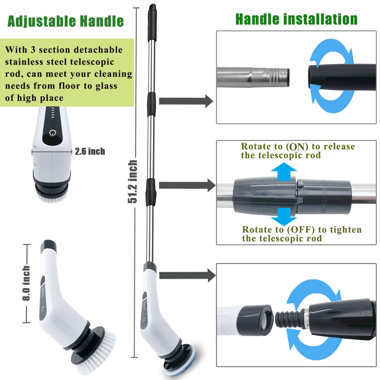 Electric Spin Scrubber Rechargeable Power Scrubber Cleaning Brush, with 7 Replaceable Brush Heads and Adjustable Extension Handle Electric Bathroom Scrubber, for Tile, Floor, Tub, Window, Wall, Car