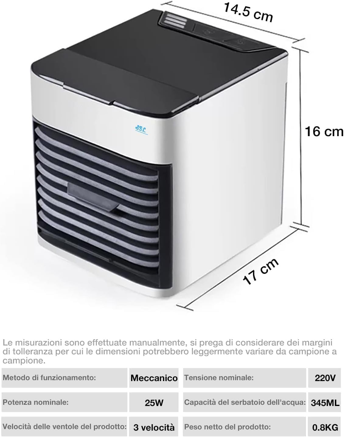 SIC Mini Climatizzatore Portatile 3 in 1: Raffreddatore d'aria/Umidificatore/Purificatore d'aria; con Luce LED; 3 Velocità Regolabili e Cavo USB; per Casa, Ufficio, Viaggi; Bianco (AT-SIC10)