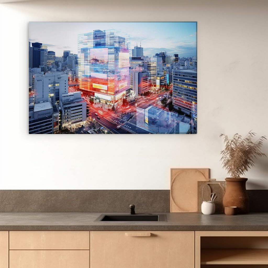 Canvas for Living room. Dusk Descends on the Dynamic Cityscape: A Tapestry of Twilight and Urban Energy, 27 x 18 inch Canvas Wall Art - Ready to Hang