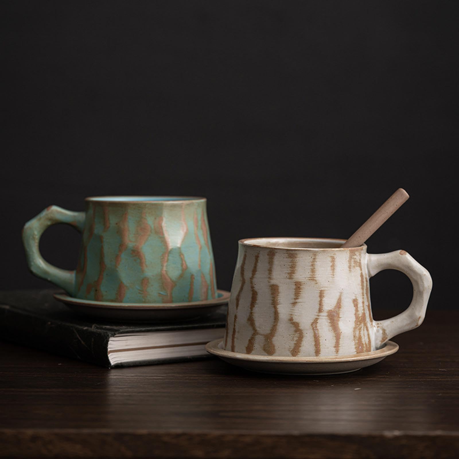 Juego de Taza y platillo de cerámica de 310 ml - Taza de té de cerámica rústica, Estilo Vintage, Textura de gres Hecha a Mano, diseño esmaltado único (Blanco Degradado)