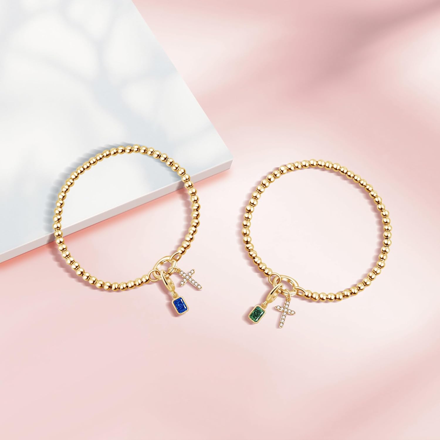 Free bird Cross Birthstone Bracelet | Dainty 14K Gold Plated Cross Charm Bracelet for Women | Stretchable Elastic Gold Beaded Bracelet | Stackable Trendy Birthstone Bracelet | Jewelry Gifts for Women - Image 3