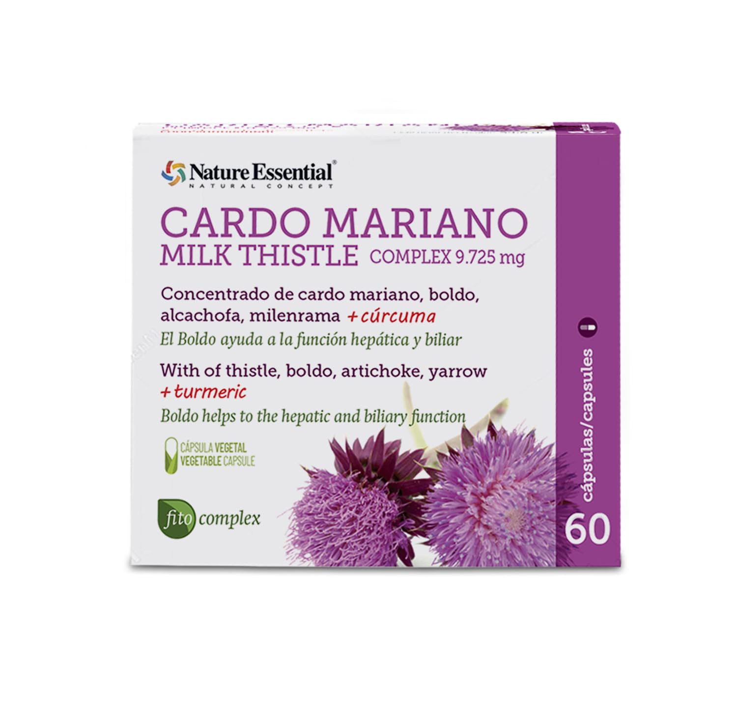 Cardo Mariano, 60 Capsule - Concentrato di Cardo Mariano, Boldo, Carciofo, Achillea, Curcuma - Integratore Naturale - Nature Essential