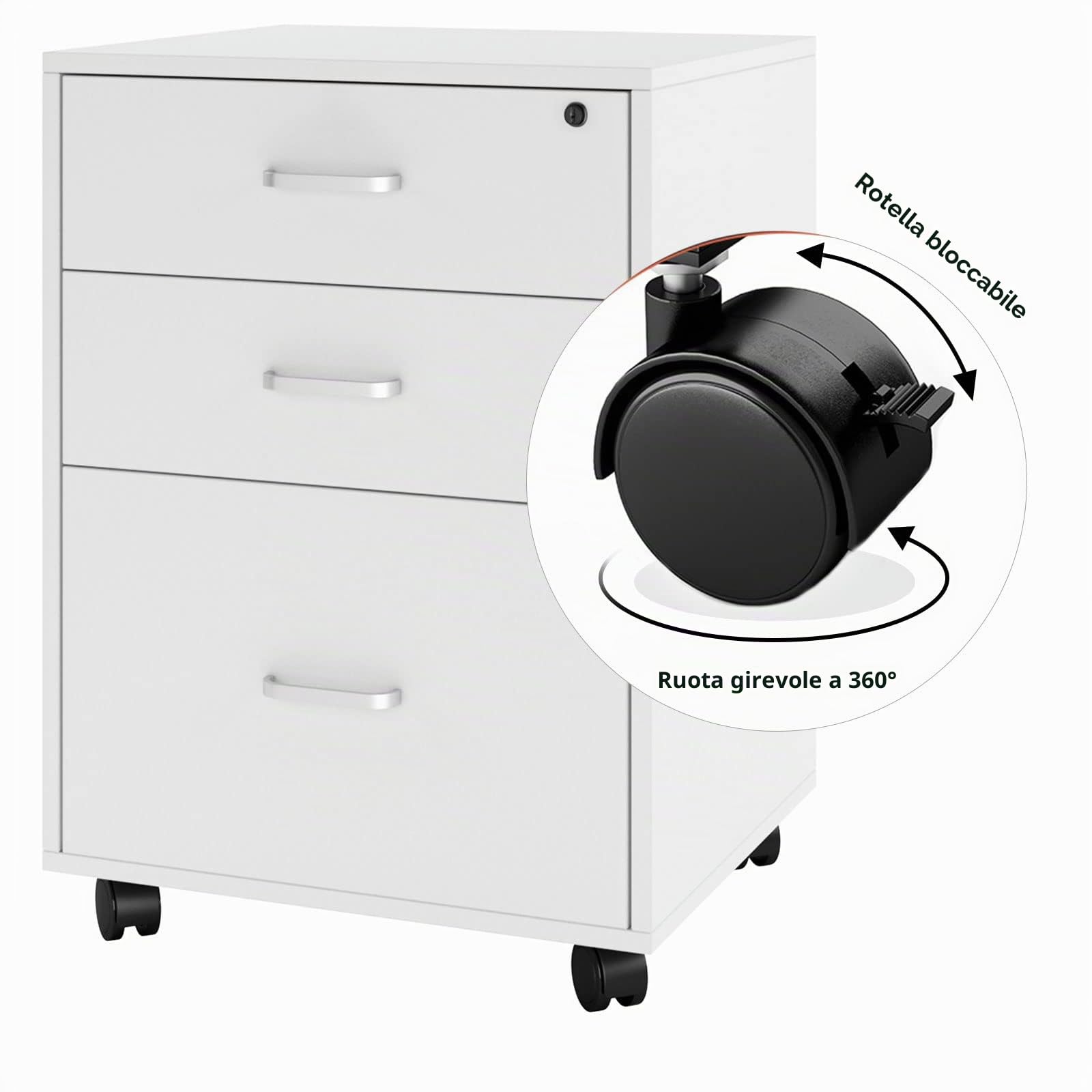 SogesPower Cassettiera da Ufficio Armadi Archivio Schedario a 3 Cassetti, Mobiletto Rimovibile con Ruote Fissabili, Serratura per Cassetti, 48 x 42 x 65 cm, Bianco
