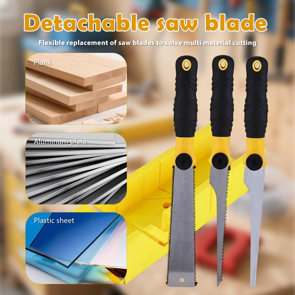 Gehrungssäge Set, Gehrungslade mit 3 Austauschbaren Sägeblättern, Schneidlade für Holz und Kunststoff, 22.5, 45, 90 Grad Mehrwinkelschnitt, für Heimwerken, Möbelbau und Modellbau