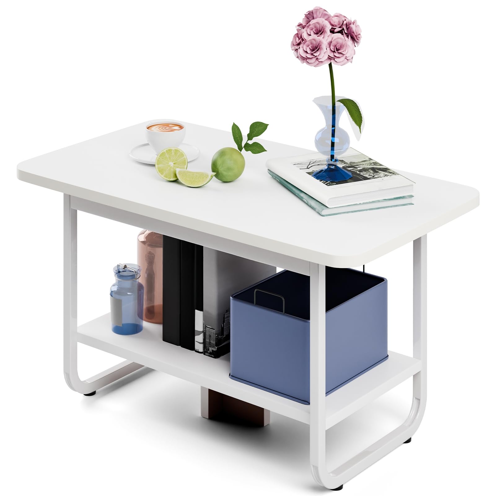 31 5 Modern Coffee Table with Double Open Shelf Sturdy White End Table for Living Room Durable Plate-Type