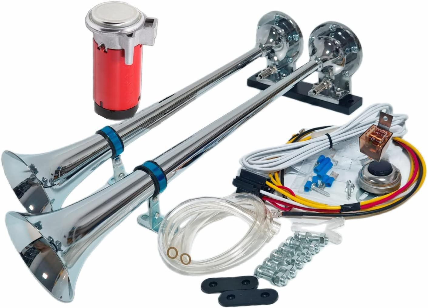 YIYIDA Air Horn Car Horn Truck Horn 175Db Ship Horn Electric Horn Silver 24V High Tone and Low Tone Horn Zinc chrome Double tube with red Compressor loud Speaker for 24V car yacht boat Lorry etc