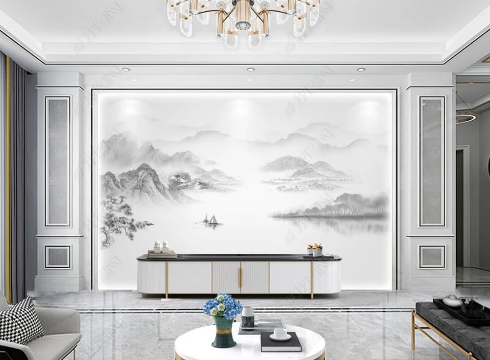 Papier peint intissé marbre chinois pour rénover un mur de salon terne avec un poster géant