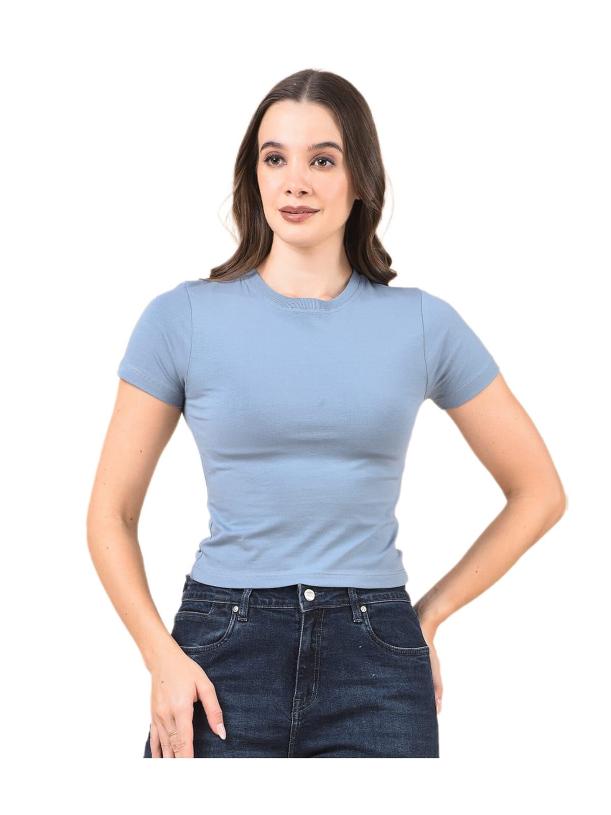 Women Solid Ribbed Crop Top | Slim Fit Round Neck T-Shirt for Women | Casual Stretchable Half Sleeve Top-image-35