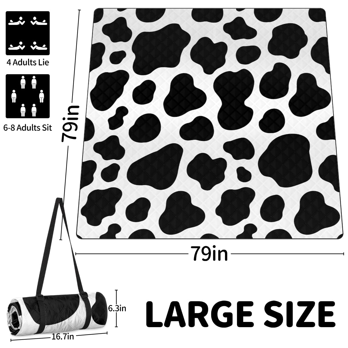 Shimoshe Extra Large Picnic Blankets 79”x 79”, Black and White Pattern Waterproof Foldable Picnic Mat with Straps Portable Beach Blanket for Camping Park Grass Beach Indoor
