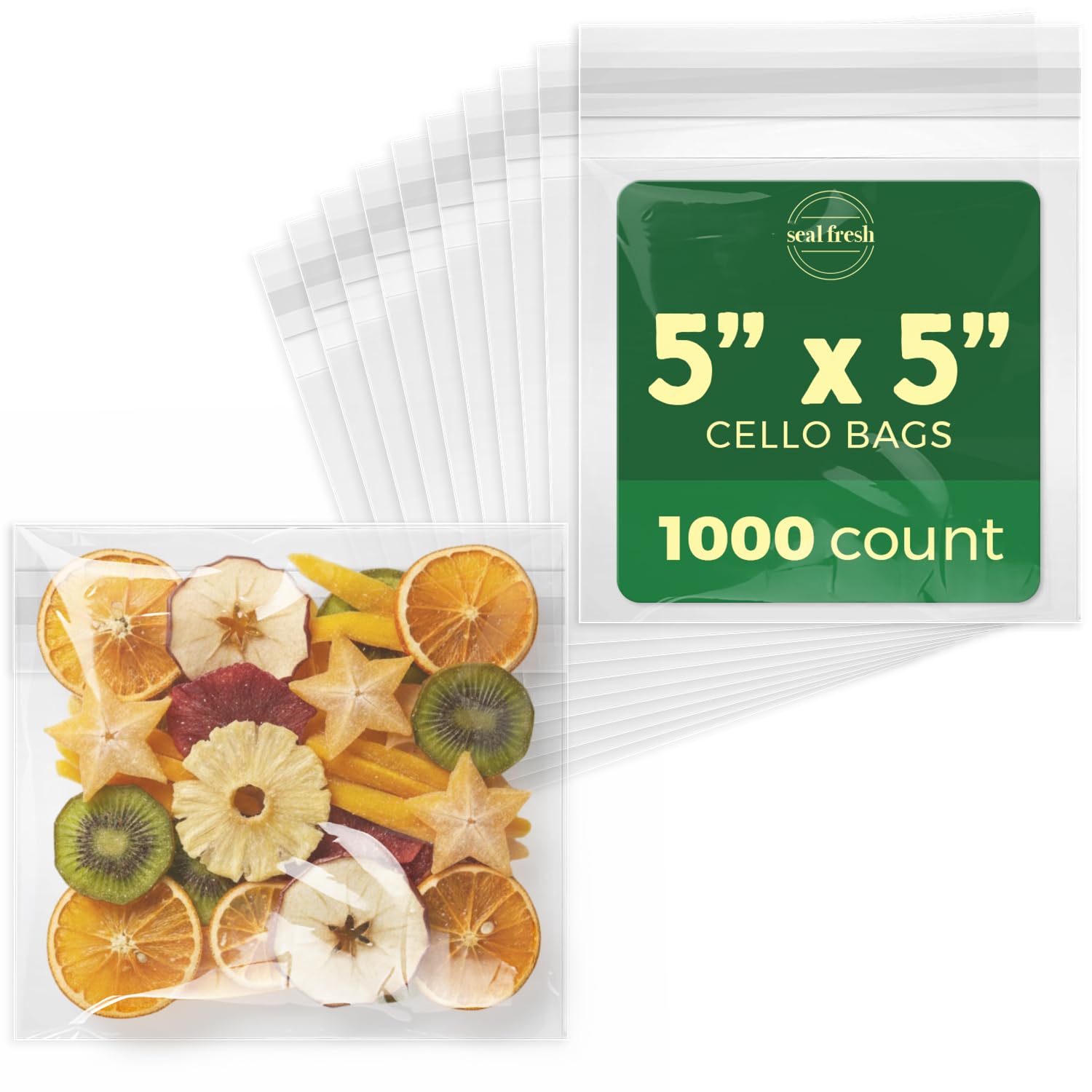 Seal Fresh Self Sealing Cellophane Bags - 5" x 5" (1000 Count) - Clear Plastic Resealable Cello Bag - Cellophane Treat Bags, Cookie Bags for Packaging