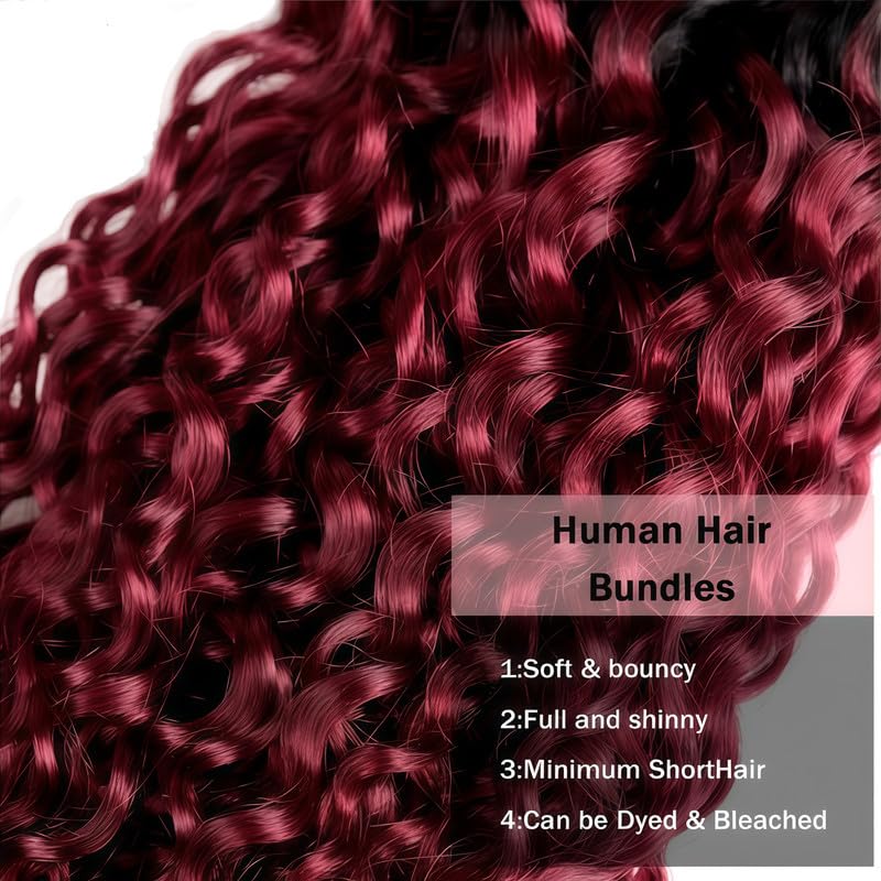 T1B/99J Ombre Burgundy Bundles Human Hair Curly 12 14 16 Inch Curly Human Hair Bundles Brazilian Virgin Remy Quick Weave for Black Women T1B/99J Color