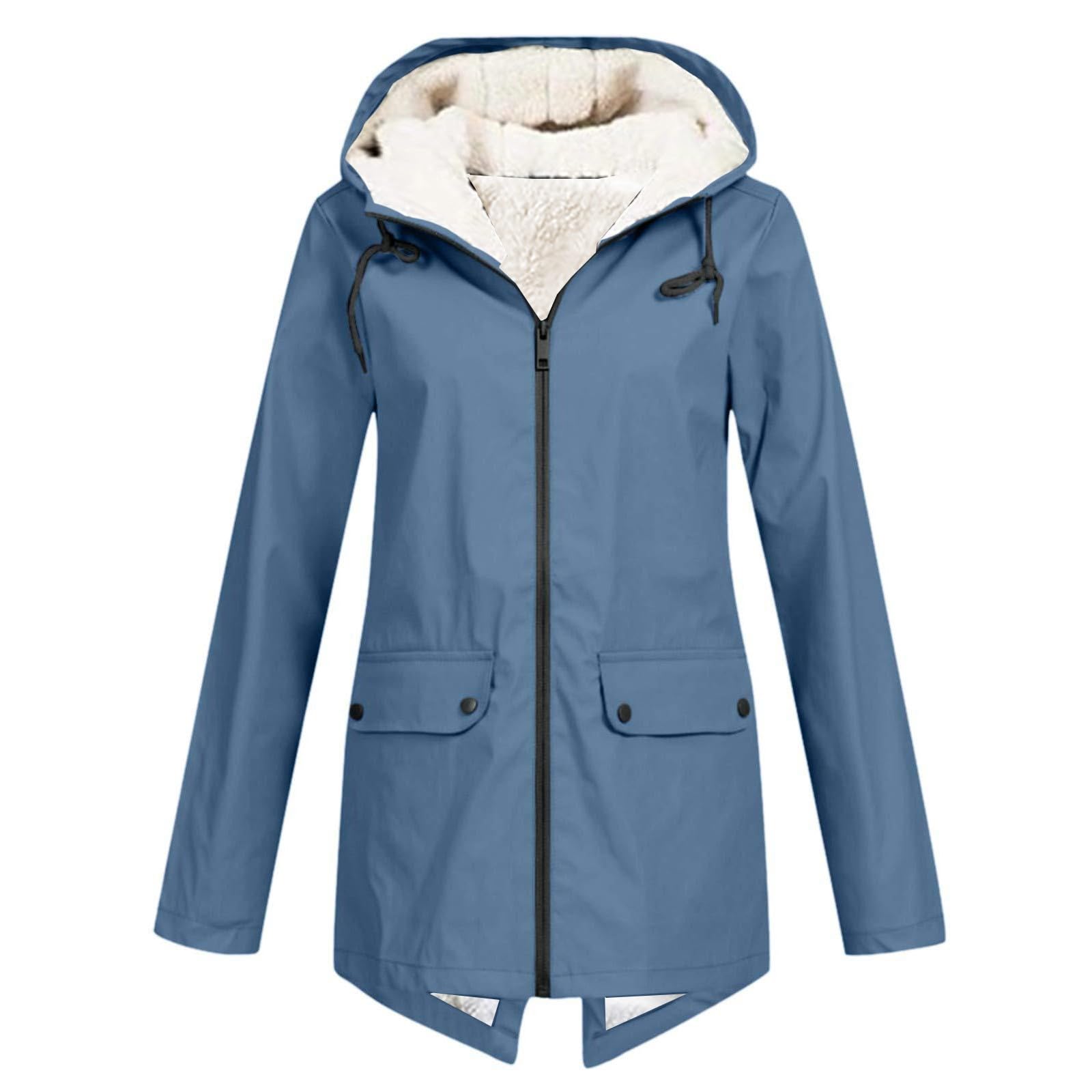 Generico Giacca Donna Spessa Outdoor Taglie Forti Cappuccio Impermeabile Antivento Capospalla Giubbino (Blu, XL)