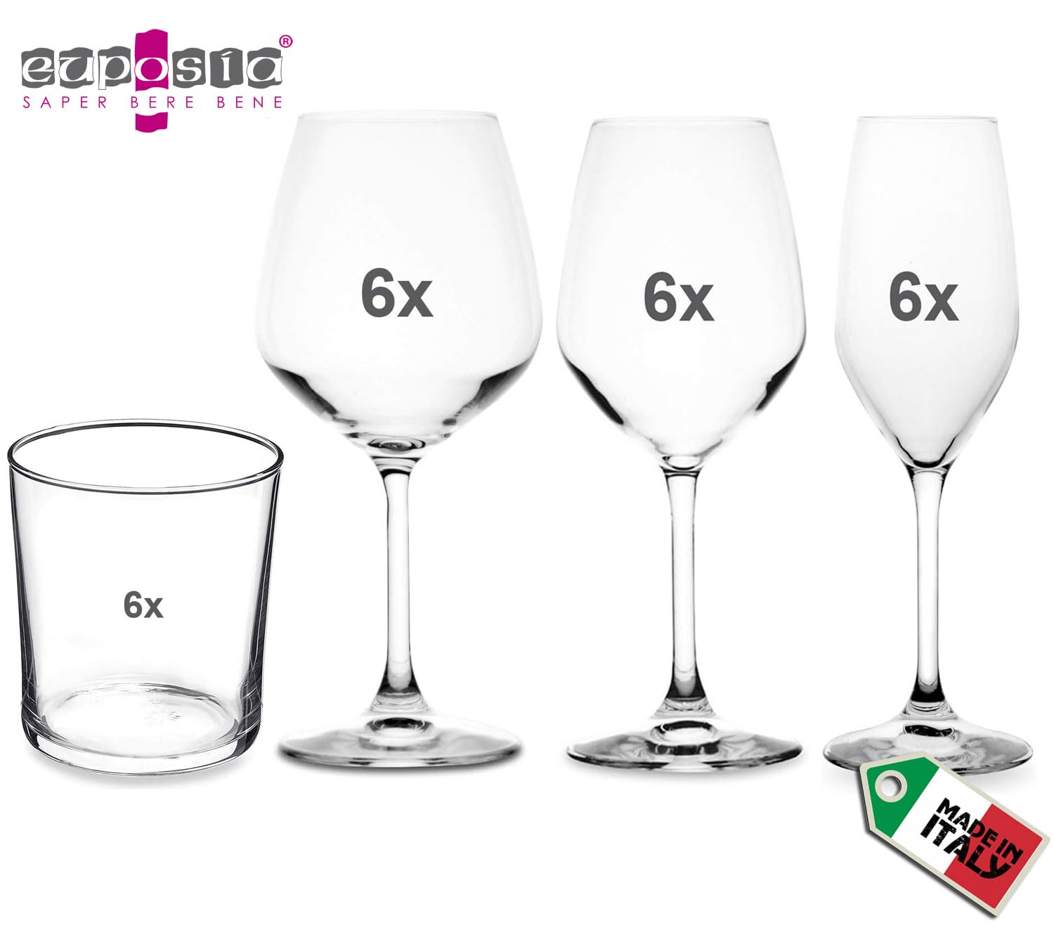 Service x6 personnes, lot de 24 pièces : 6 vin blanc divin 44 cl + 6 vin rouge divin 53 cl + 6 flûtes champagne et prosecco divino 24 cl + 6 verres eau bodega 37 cl