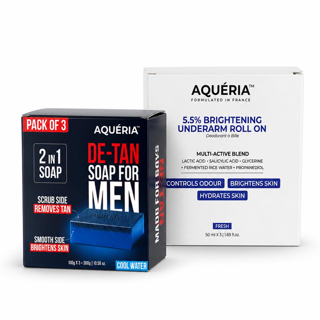 Aqueria De-Tan & Brightening Bath Combo for Men & Women | 2-in-1 Bath Soap (Pack of 3, 300g) + Underarm Brightening Roll On (Pack of 3, 150ml) | Helps Reduce Tan, Dark Underarms, Pigmentation & Discoloration | Cool Water Fragrance-image-19