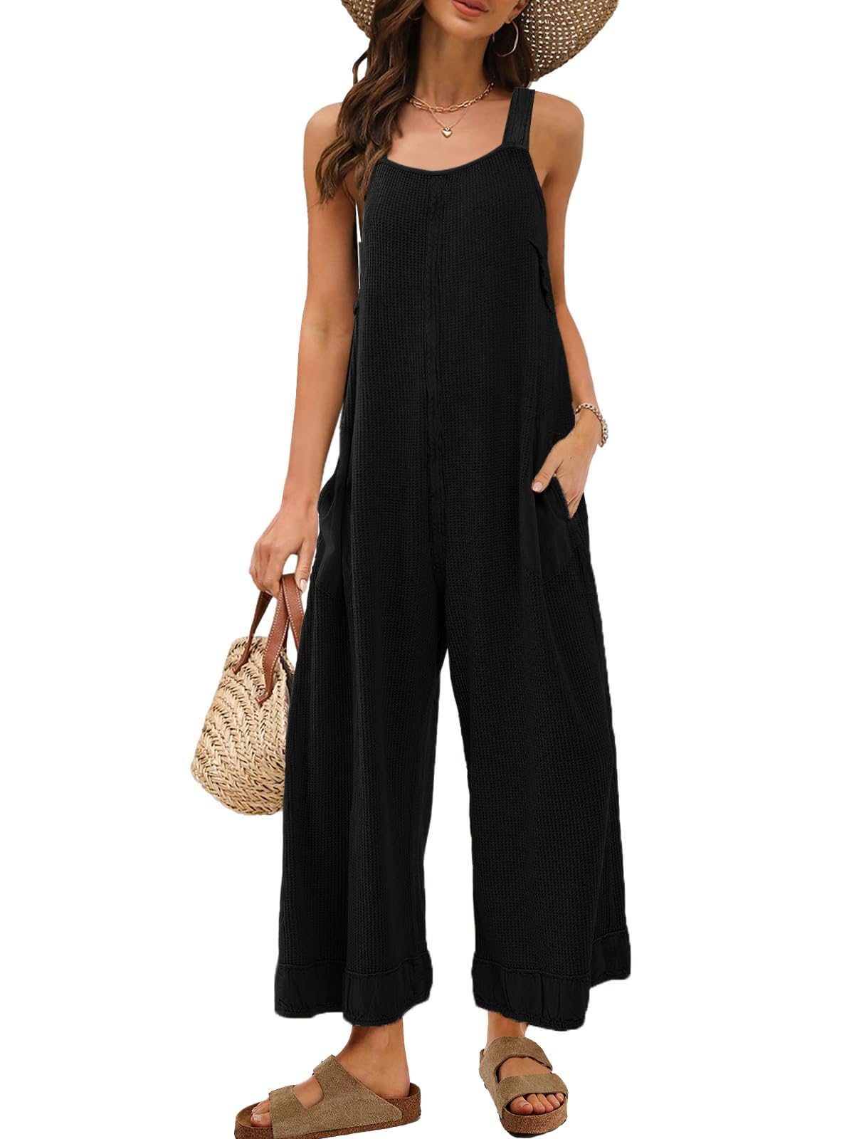 Panadila Womens Waffle Knit Jumpsuit Casual Wide Leg Jumpsuits Oversized Long Rompers Open Back Loose Overalls