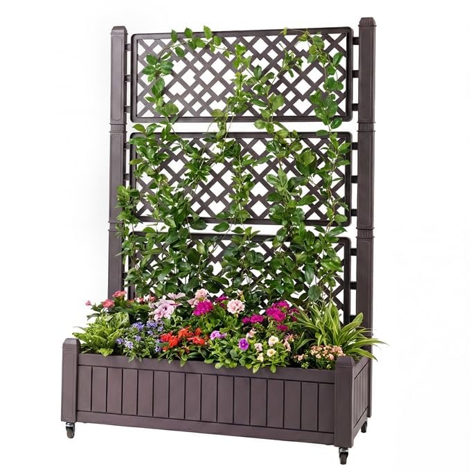 FANTASK Planter with Trellis, 80 x 40 x 140 cm, Flower Box with Water Level Indicator and Drain Holes, Flower Pot with Trellis and Wheels, Flower Pot for Garden Balcony, PP (Brown)