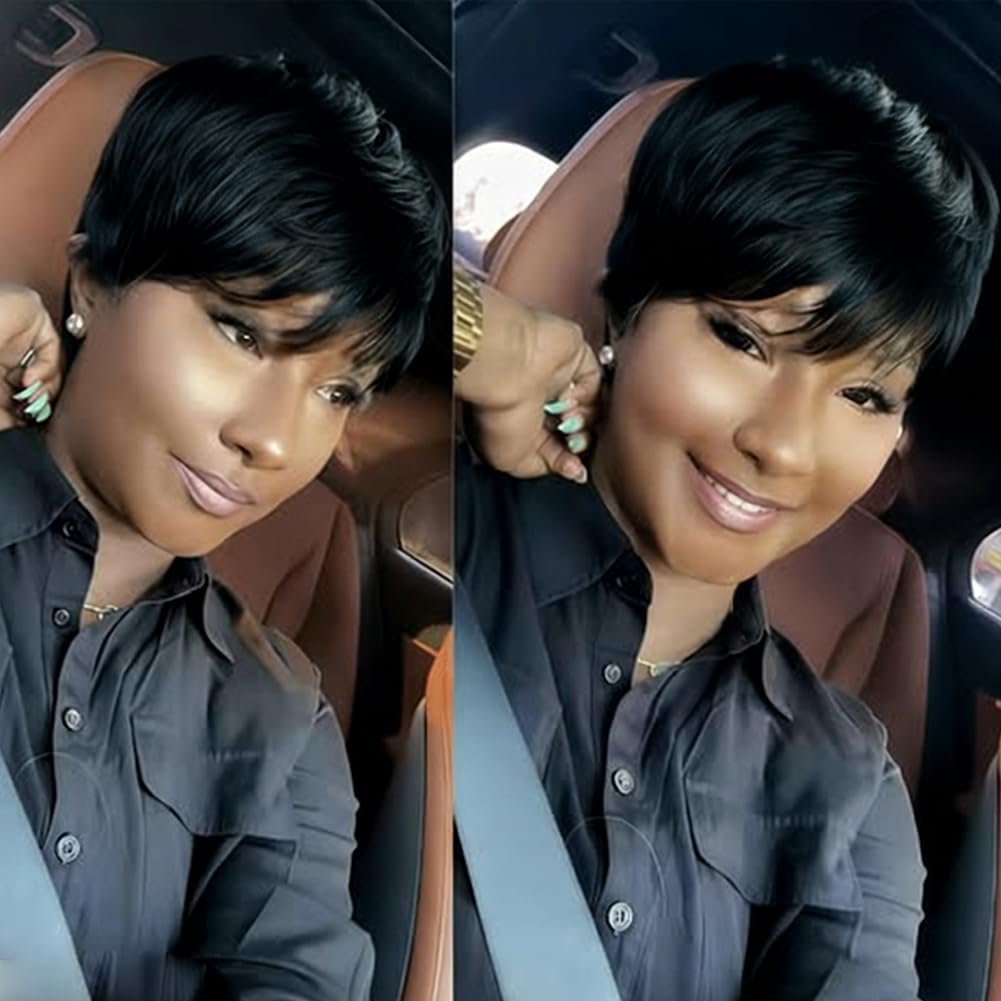 Black Pixie Cut Wigs Black Women's Short Wig for Black Women Short Curly Pixie Wig with Layered Bangs for Daily & Party Wear1B Color Bob Wig (Black)