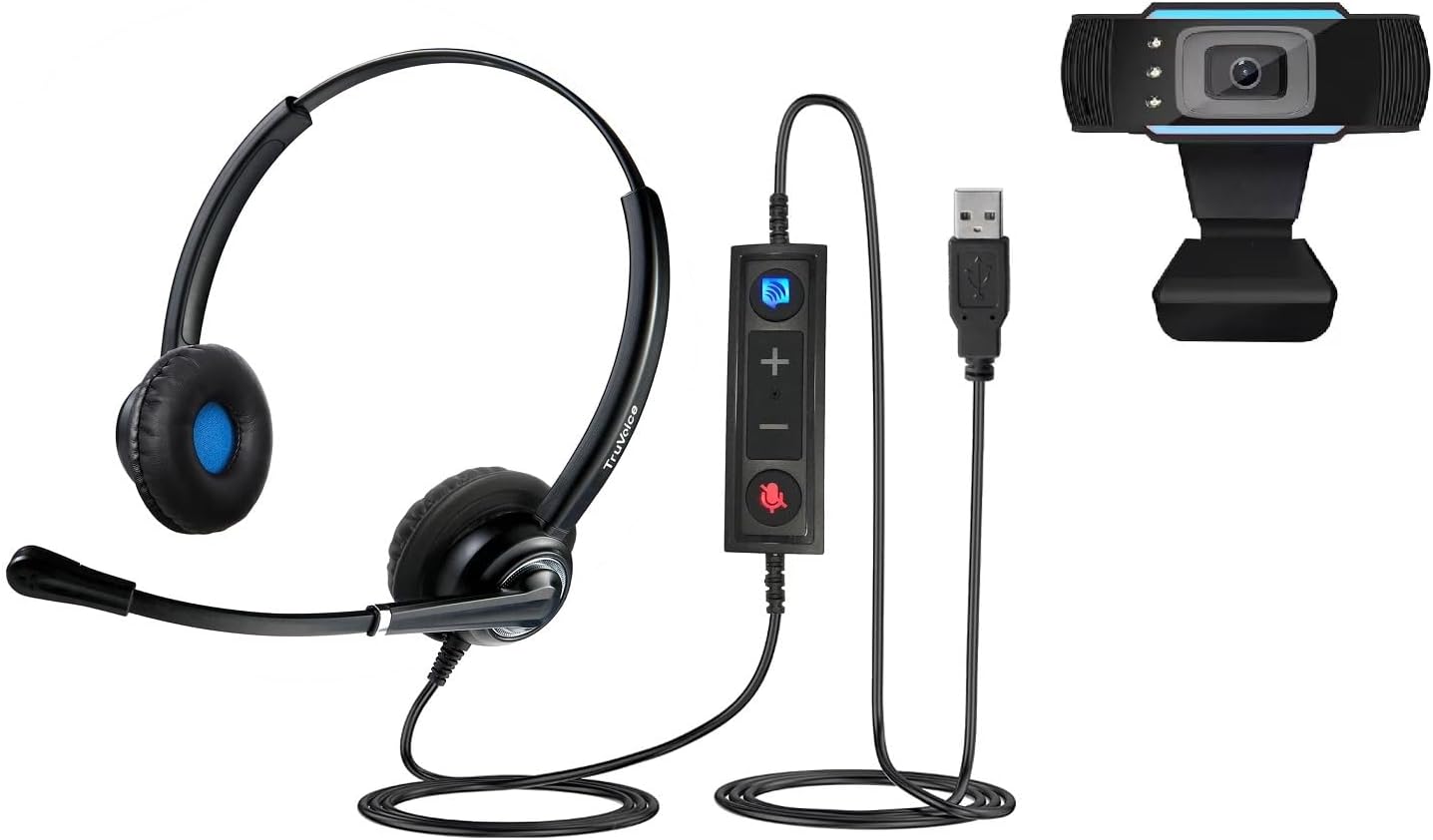 TruVoice Voicepro 20 Headset and Webcam Bundle (Includes Double Ear USB Headset and 1080P Webcam) All-in-One Combination