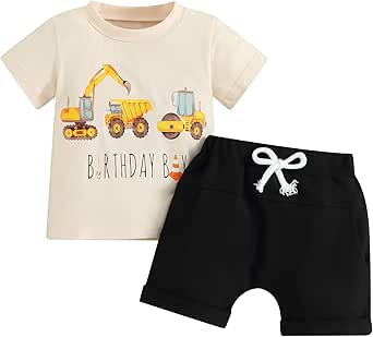 Pudcoco Toddler Boy Birthday Outfit - Construction Excavator T-Shirt & Shorts Set